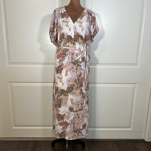 Halogen Short Sleeve Midi V-Neck Beige-Purple Wax Paint Wrap Dress XXL - Picture 3 of 16